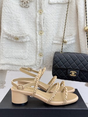 Chanel Lambskin Heel Sandals with Chain Strap Beige 2025 G45667