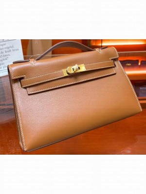 Hermes Kelly 22 Clutch Bag In Original Swift Leather Brown