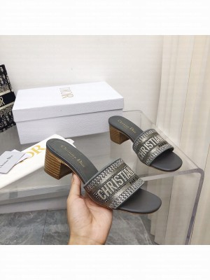 DIOR DWAY HEELED SLIDE With Crystal Embroidered Cotton Gold 2022 Collection ,Gray