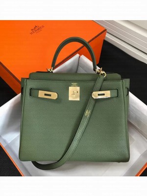 Hermes Kelly 25 Bag in Calf Leather with Gold/Silver Hardware Green Army