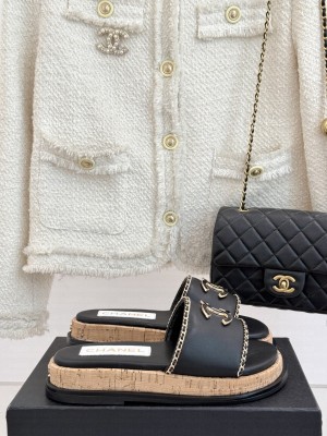 Chanel Leather Wood Flat Slides Sandal with Chain Black 2025