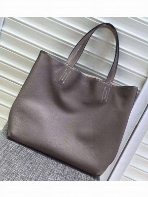 Hermes Double Sens Shopping Tote Bag In Original Togo Leather Grey/Apricot