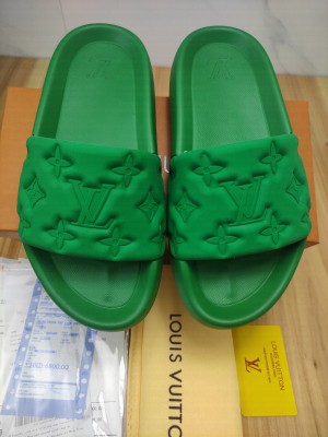 Louis Vuitton Unisex Sunbath Monogram Rubber Flat Slide Sandals Green 2022 Collection