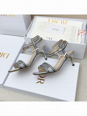 DIOR HEEL 6.5CM DWAY SANDALS IN COTTON EMBROIDERED WITH THREAD AND STRASS METALLIC SILVER 2022 COLLECTION