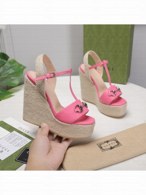 Gucci Calfskin 13cm Pink Espadrilles Wedge Sandals 2021 Collection