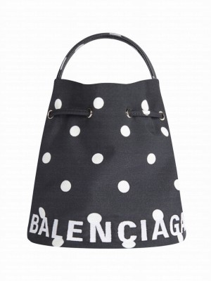 Balenciaga Wheel Polka Dot Drawstring Bucket Bag Black