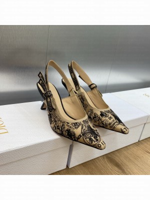 Dior J'Adior Slingback Pumps 6.5cm in Beige and Black Cotton Embroidered with Plan de Paris Motif 2023