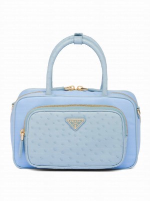 Prada Re-Nylon And Ostrich Leather Two-Handle Bag Blue