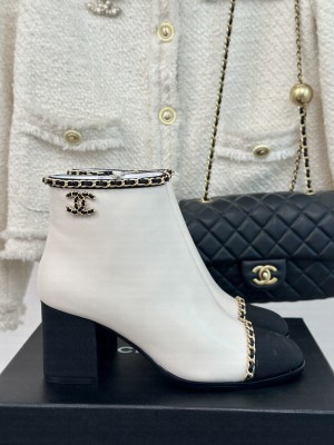 Chanel Women's Calfskin & Grosgrain With Chain Boots White
