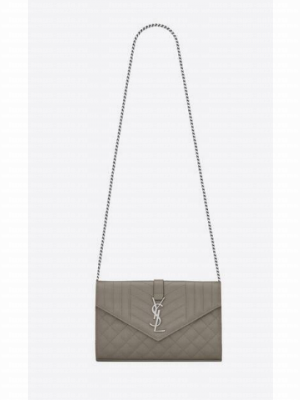 SAINT LAURENT MONOGRAM CHAIN WALLET IN MIX MATELASSE GRAIN DE POUDRE EMBOSSED LEATHER 620280 STONE GREY&SILVER