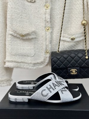 Chanel Rhinestone Letter Cross Strap Slide Flat Silver 02