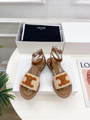 CELINE LYMPIA FLAT STRAP SANDAL IN RAFFIA & CALFSKIN BEIGE