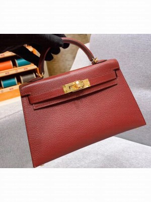 Hermes Mini Kelly II Bag in Original Chevre Leather Bordeaux Red