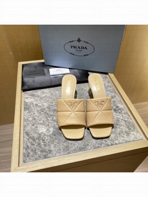 Prada Quilted leather 65 mm varnished heel slides sandals Mule 2022 Collection,Beige