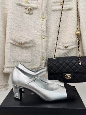 Chanel Lambskin & Grosgrain Mary Jane Pumps Silver
