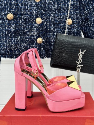 VALENTINO OPEN TOE PUMP WITH ONE STUD PLATFORM IN PATENT LEATHER 120 MM PINK