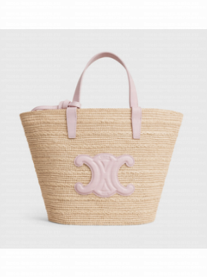 CELINE TEEN SUPPLE CELINE CLASSIC PANIER IN RAFFIA AND CALFSKIN 115802 PASTEL PINK