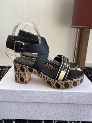 Dior Dway Heeled Sandal Natural Raffia, Black Embroidered Cotton and Calfskin