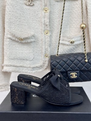 Chanel 6.5cm Mesh Lace Camellia White Bow Slide Black