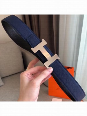 Hermes Constance Reversible Leather Strap Belt with H Buckle 38mm Blue 2019 Collection