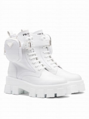 Prada Women's Monolith Leather And Re-Nylon Boots With Pouch White