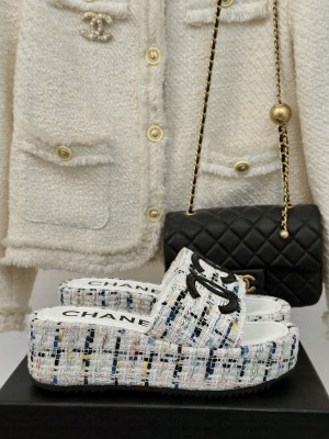 Chanel multi-colored Tweed Platform Slide Mule 