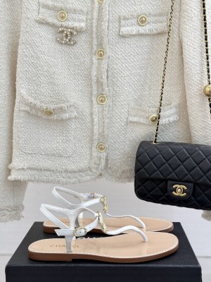 Chanel Lambskin CC Thong Sandals White 2025 