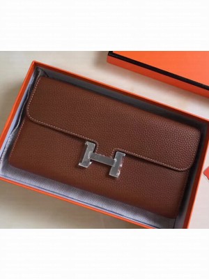 Hermes Epsom Calfskin Constance Long Wallet Clutch Bag Brown
