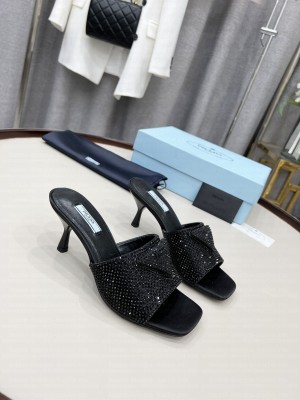 Prada 6cm Satin slides sandals With Cryscals Mule 2022 Collection,Black