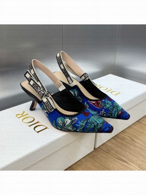Dior J'Adior Slingback Pumps 6.5cm in Purple Multicolor Embroidered Cotton with Toile de Jouy Voyage Motif 2023