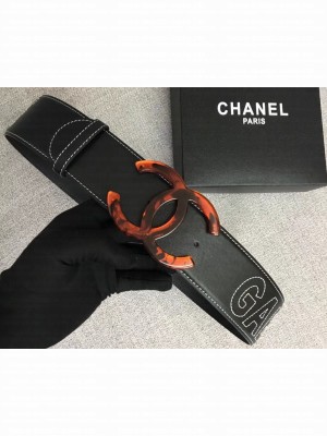 Chanel Width 5.3cm Leather Belt Black Gabrielle with Resin CC Logo