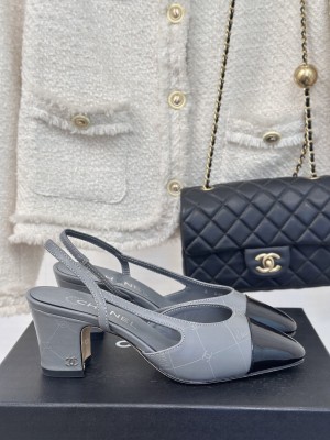 Chanel Slingback 7cm Printed Lambskin & Patent Calfskin Gray Black 2025