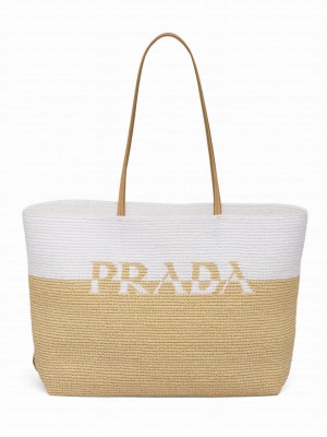 Prada Raffia And Leather Tote Bag 1BG442 Apricot