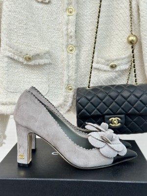 Chanel Women's 8cm Heel Camellia Suede & Leather Pumps Gray 2024