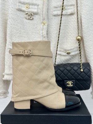 Chanel Calfskin 6.5cm Heel with Foldover and Buckle Strap Beige Ankle Boots 2024