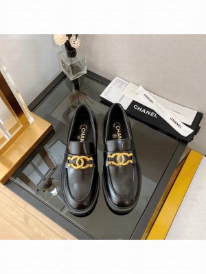 Chanel Shiny Calfskin Loafers with Metal CC Black