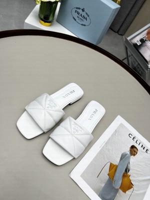 Prada Calfskin Leather Flat Slide Sandals 2022 Collection White