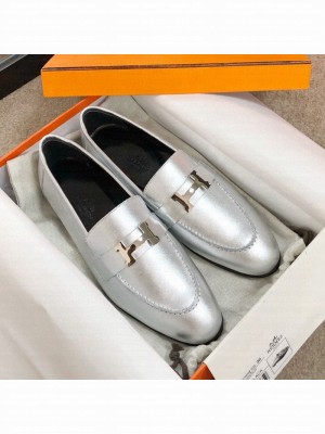 Hermes Paris Lambskin Flat Loafers Silver 2020 Collection