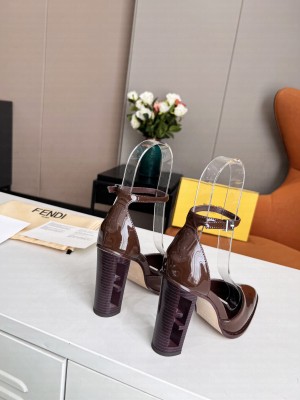 Fendi Shiny Leather Pumps with Ankle Strap Brown 2022 Collection