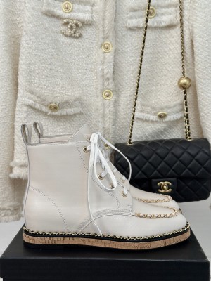 Chanel Calfskin Wood Ankle Boots with Chain White 2024