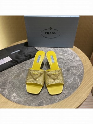 Prada 6cm Satin slides sandals With Cryscals Mule 2022 Collection,Yellow