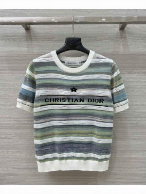 Christian Dior Women's Colorful Hollow Striped T-shirt Green
