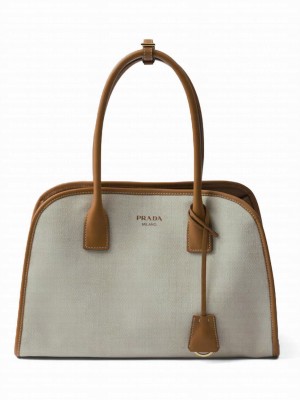 Prada Medium Linen Blend And Leather Tote Bag 1BG572 Coffee