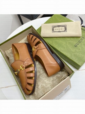 GUCCI Calfskin Cut out Loafers Brown 2021 Collection