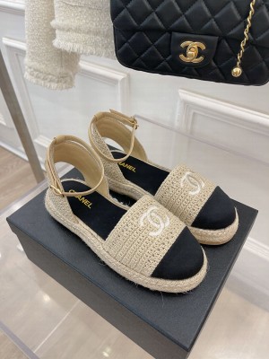 CHANEL BRAIDED KNIT ESPADRILLES SANDALS G38736 BEIGE/BLACK  2022 Collection 
