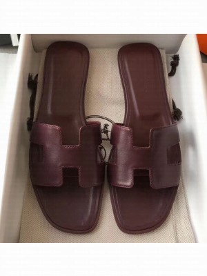 Hermes Oran Flat Slipper Sandals in Swift Box Calfskin Burgundy