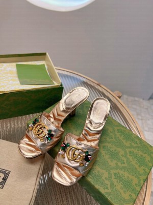 Gucci Calfskin Heel Slide Sandals with Crystal Charm 7.5cm Gold 2023