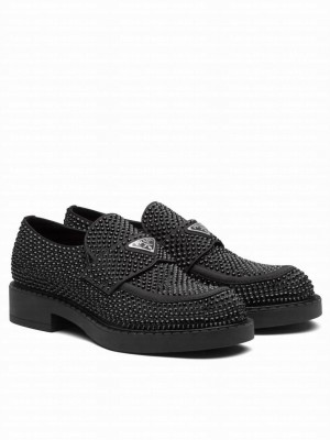 Prada Women's Chocolate Satin Loafers With Crystals Black