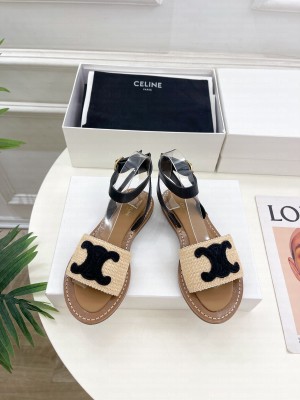 CELINE LYMPIA FLAT STRAP SANDAL IN RAFFIA & CALFSKIN BEIGE/BLACK