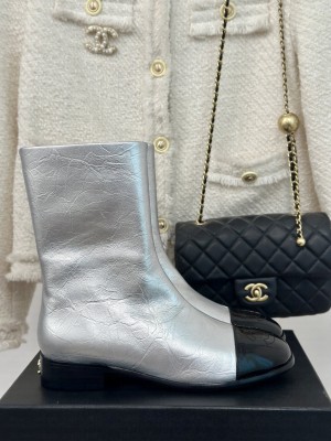 Chanel Women's Crinkled Calfskin/Patent Silver Boots 